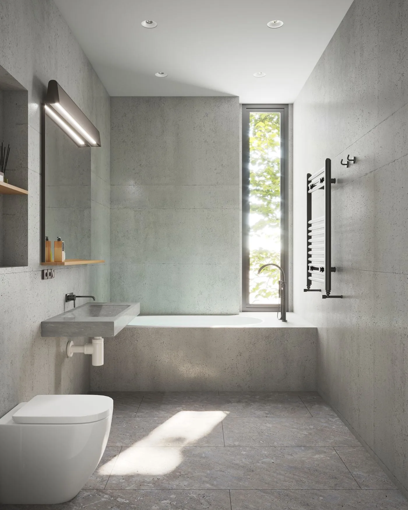 Salle de bain aux murs gris et à l’esprit béton