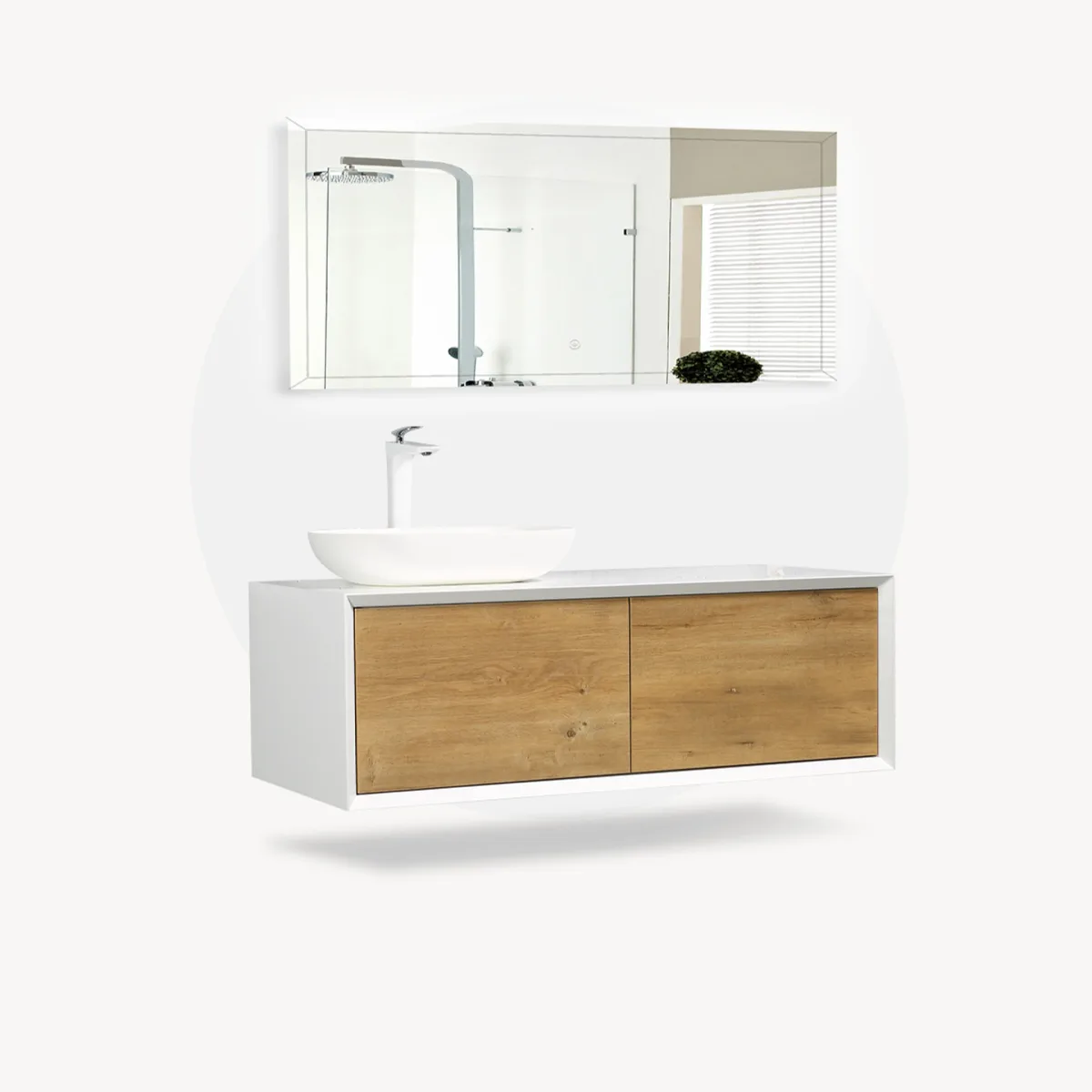 Meuble vasque suspendu en bois avec grand miroir