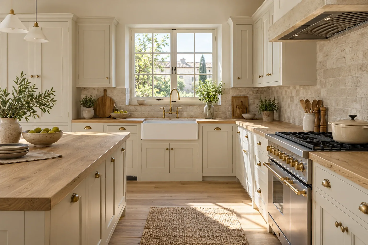 Cuisine campagne chic avec façades crème, plan en bois et évier en céramique