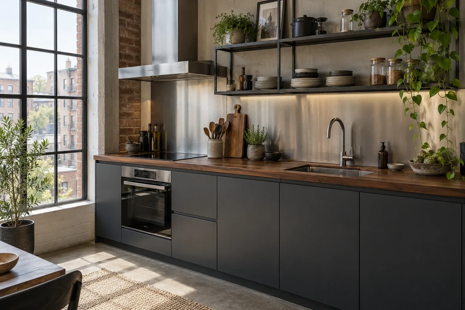 Cuisine industrielle avec façades graphite, bois et crédence métallique
