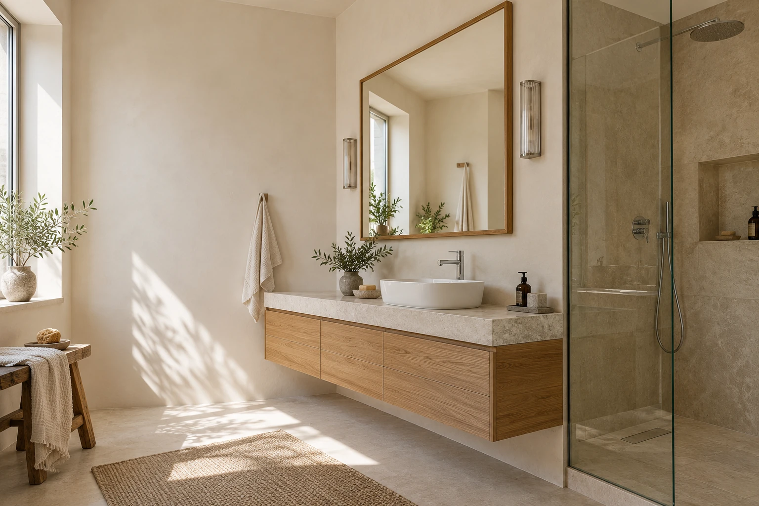 Salle de bain rénovée avec meuble en chêne, vasque et douche vitrée